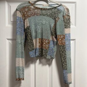 Altar'd State Multicolor Patchwork Sheer Long Sleeve Top